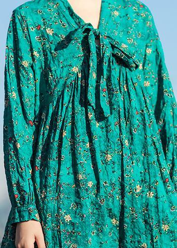 V Neck Long Sleeve Linen Clothes for Runway Green Print Dresses Summer
