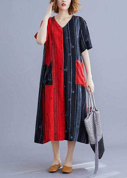 V Neck Patchwork Tunic Dress Runway Red Maxi Dresses Summer