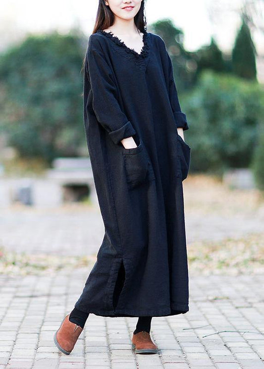 V Neck Pockets Fall Clothes for Outfits Black Kaftan Dress