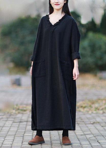 V Neck Pockets Fall Clothes for Outfits Black Kaftan Dress