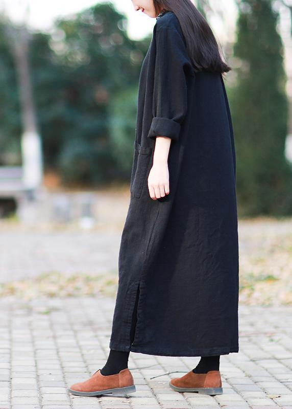 V Neck Pockets Fall Clothes for Outfits Black Kaftan Dress