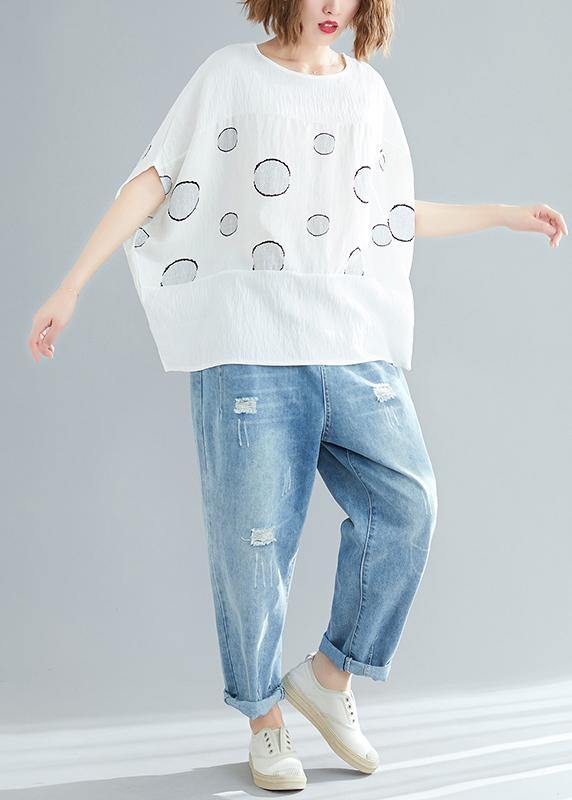 White Dotted Cotton Linen Tops Design O Neck Batwing Sleeve Short Summer Tops