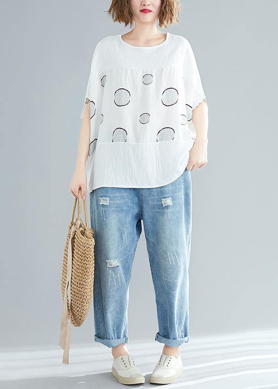White Dotted Cotton Linen Tops Design O Neck Batwing Sleeve Short Summer Tops