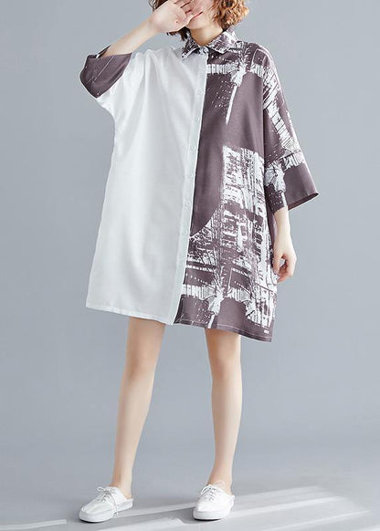 White Patchwork Cotton Tunics Lapel Collar a Line Summer Shirt Dress