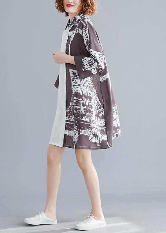 White Patchwork Cotton Tunics Lapel Collar a Line Summer Shirt Dress