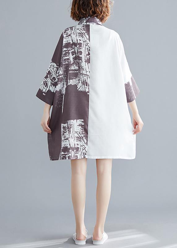 White Patchwork Cotton Tunics Lapel Collar a Line Summer Shirt Dress
