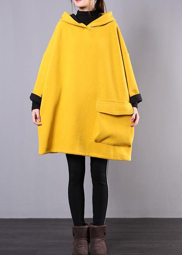 Yellow Cotton Linen Tops Hooded Thick Daily Blouse