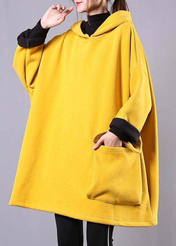 Yellow Cotton Linen Tops Hooded Thick Daily Blouse