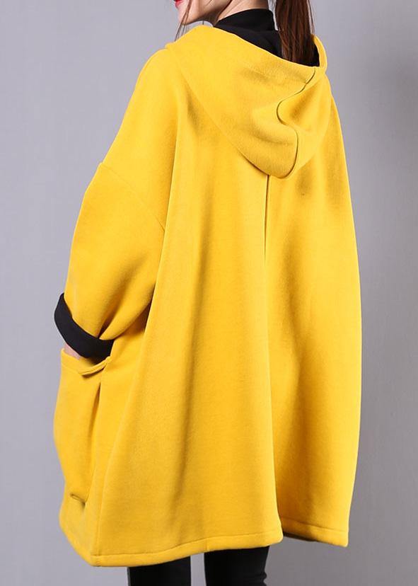 Yellow Cotton Linen Tops Hooded Thick Daily Blouse