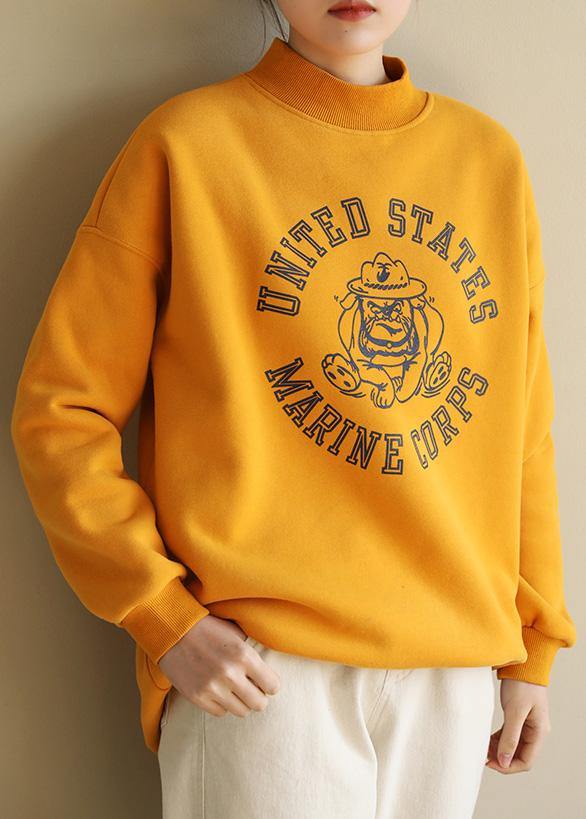 Beautiful yellow cotton tunics for women half high neck oversized prints Sweatshirt