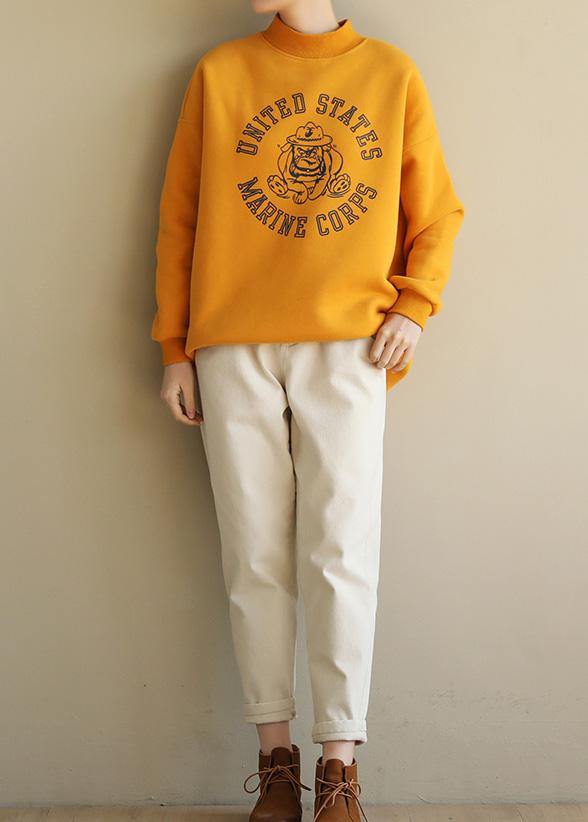 Beautiful yellow cotton tunics for women half high neck oversized prints Sweatshirt
