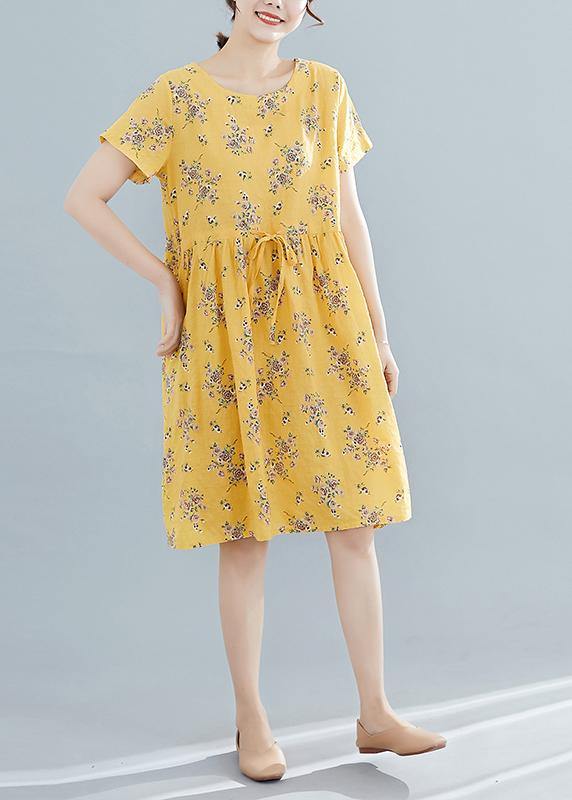 Yellow Print Cotton Tunics O Neck Drawstring Summer Dresses