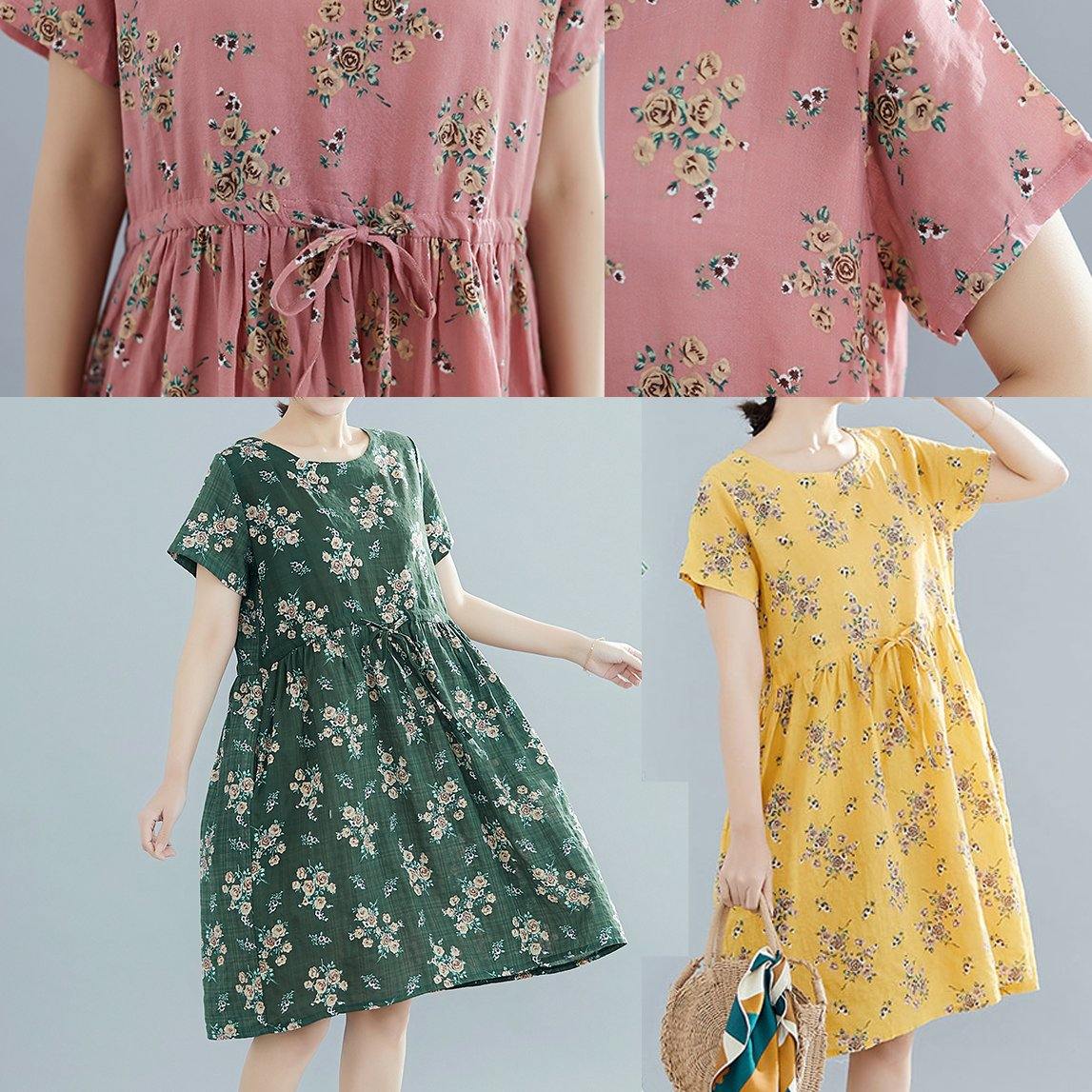 Yellow Print Cotton Tunics O Neck Drawstring Summer Dresses