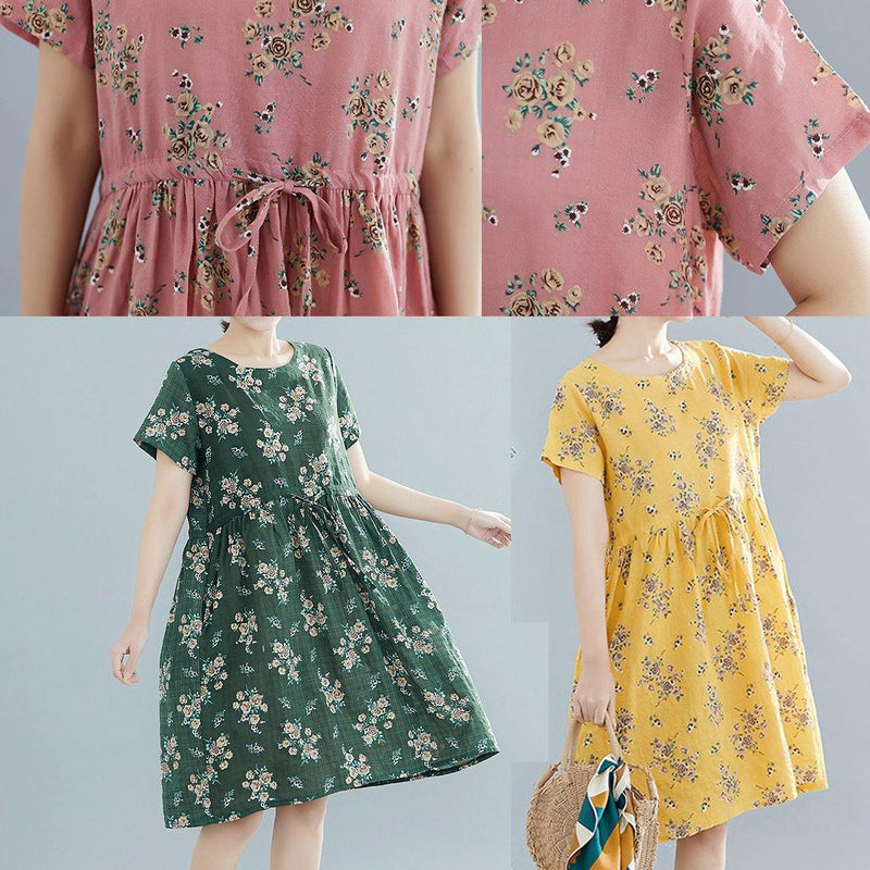 Yellow Print Cotton Tunics O Neck Drawstring Summer Dresses