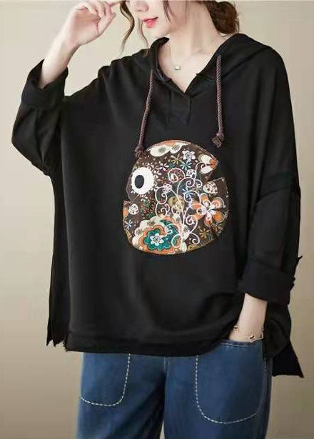 Navy Hooded Drawstring Embroideried Fall Side Open Sweatshirts Top