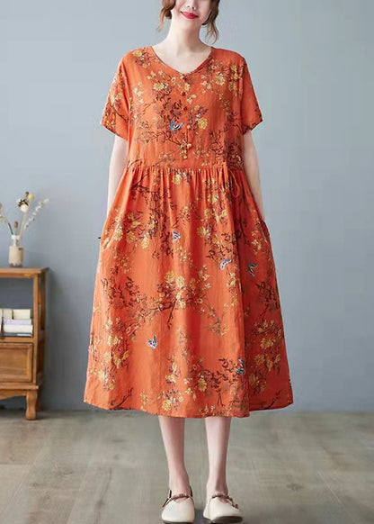 White Bamboo Pockets Print O Neck Dress