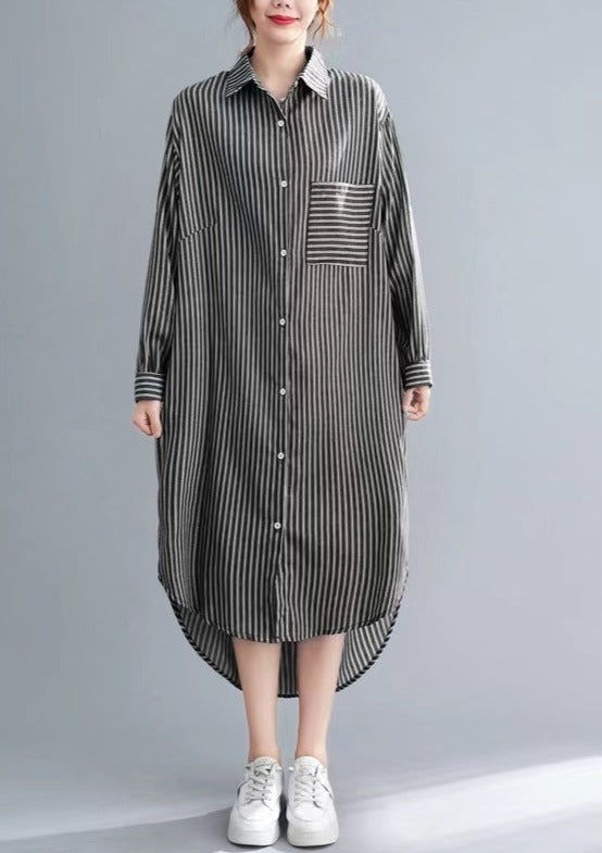 Nude White Striped Linen Clothes for Korea Sewing Side Open Dresses Lapel Collar Dresses