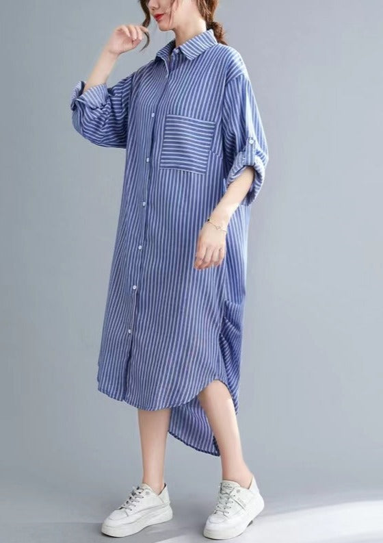 Nude White Striped Linen Clothes for Korea Sewing Side Open Dresses Lapel Collar Dresses