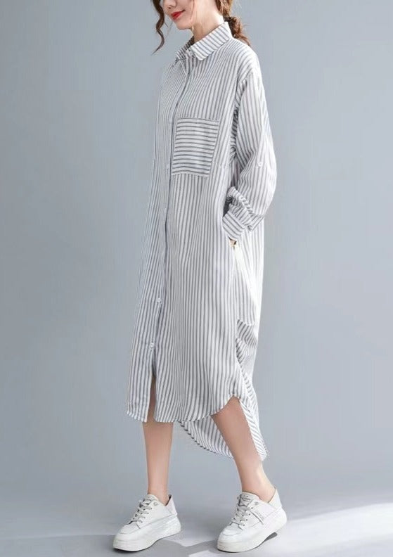 Nude White Striped Linen Clothes for Korea Sewing Side Open Dresses Lapel Collar Dresses