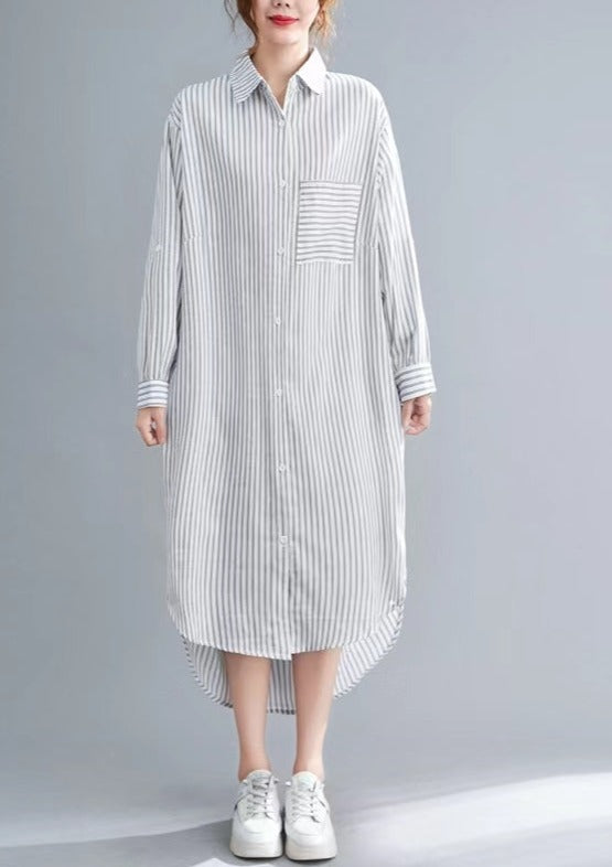 Nude White Striped Linen Clothes for Korea Sewing Side Open Dresses Lapel Collar Dresses