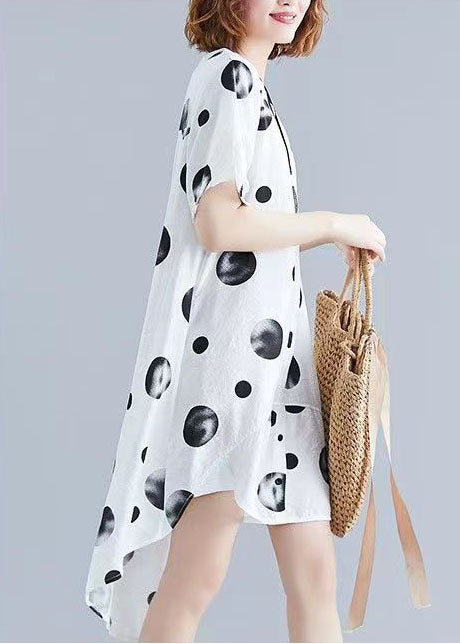 White Dotted Cotton Blend Dresses to Get Cotton Blend Stand Collar Tunic Summer Dresses