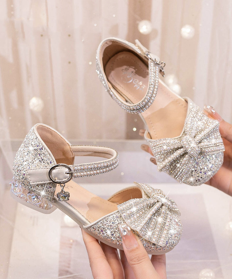 Beige Bow Zircon Buckle Strap Kids Princess Shoes