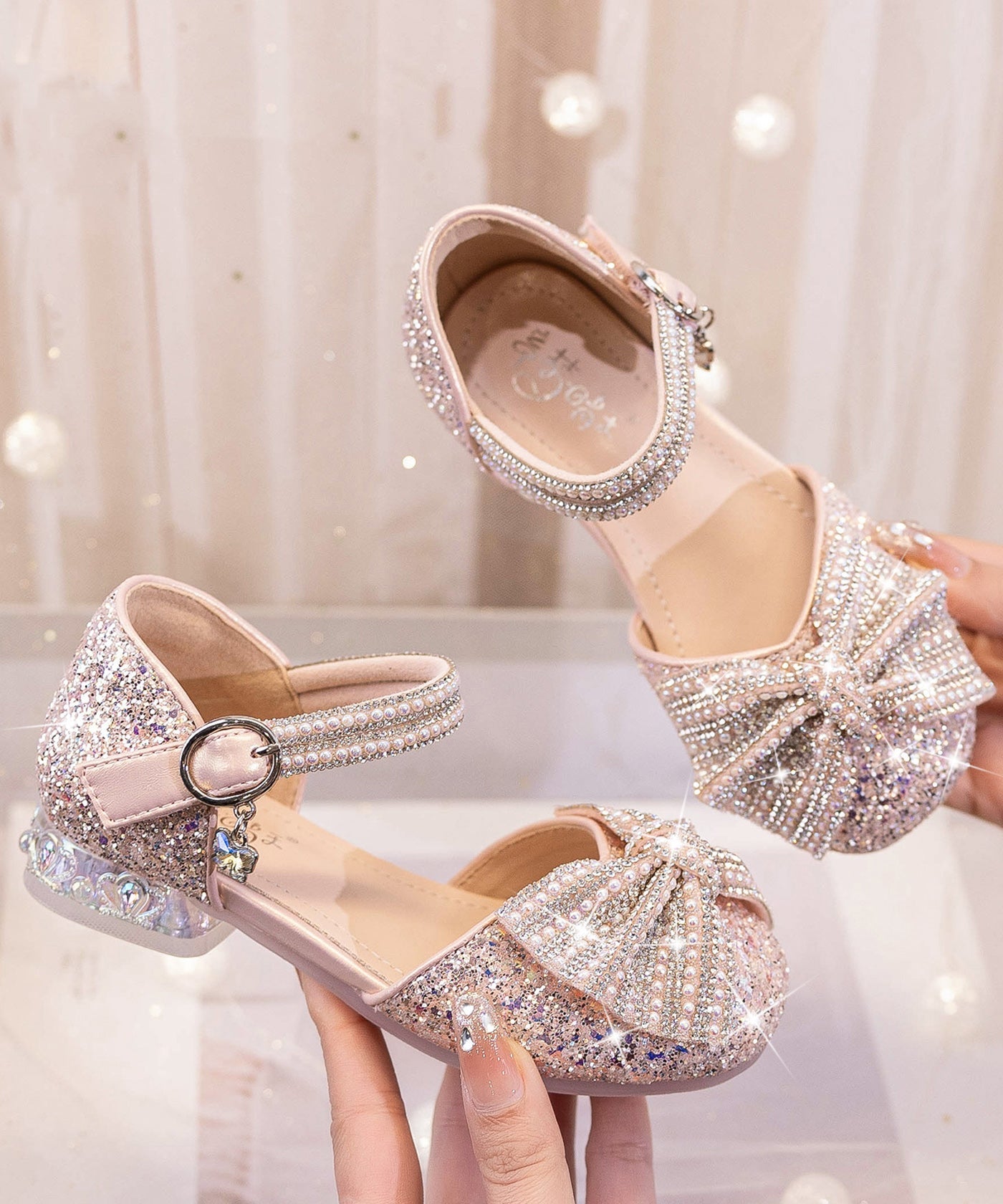 Beige Bow Zircon Buckle Strap Kids Princess Shoes