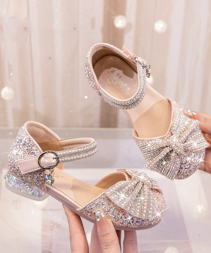 Beige Bow Zircon Buckle Strap Kids Princess Shoes