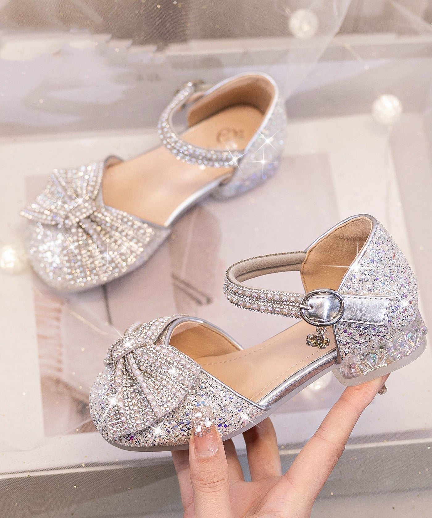Beige Bow Zircon Buckle Strap Kids Princess Shoes
