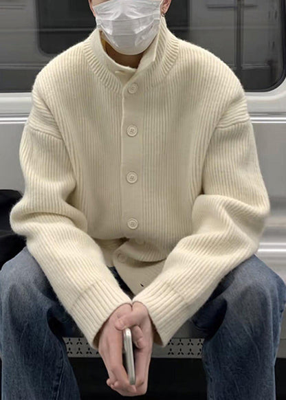 Beige Button Cozy Knit Coats Clothing Turtleneck