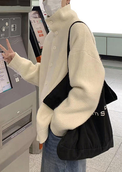 Beige Button Cozy Knit Coats Clothing Turtleneck