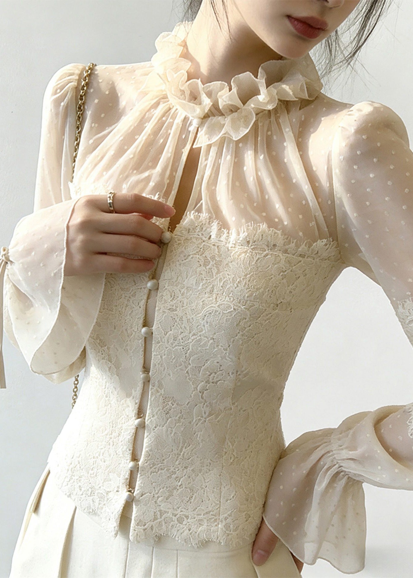 Beige Button Lace Patchwork Blouse Ruffled Flare Sleeve