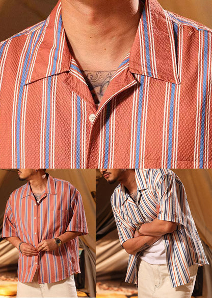 Beige Button Oversized Cotton Summer Mens Shirt Peter Pan Collar