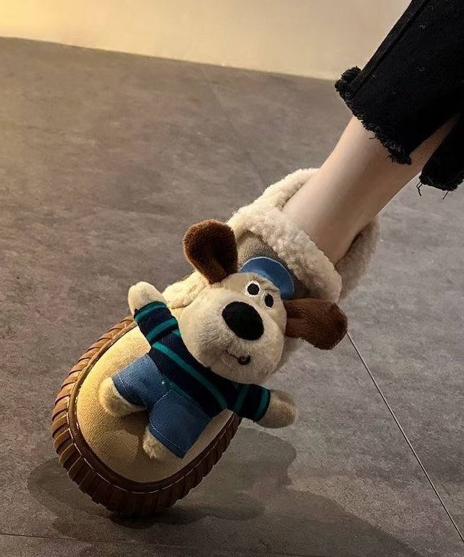 Beige Cartoon Dogs Splicing Platform Boots Fuzzy Wool Lined