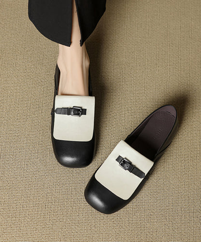 Beige Cowhide Leather Splicing Loafers for