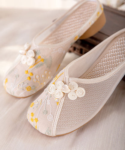 Beige Embroideried Slide Sandals Tulle Splicing