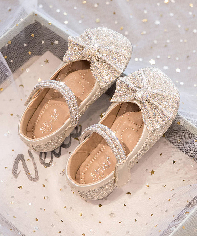 Beige Fine Bow Nail Bead Buckle Strap Kids Princess Shoes