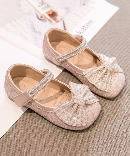 Beige Fine Bow Nail Bead Buckle Strap Kids Princess Shoes