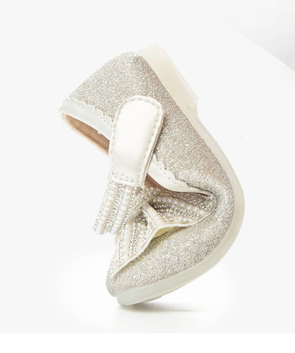 Beige Fine Bow Nail Bead Buckle Strap Kids Princess Shoes