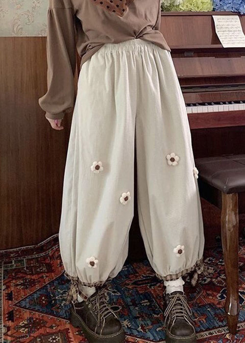 Beige Lace Up Corduroy Wide Leg Pants High Waist