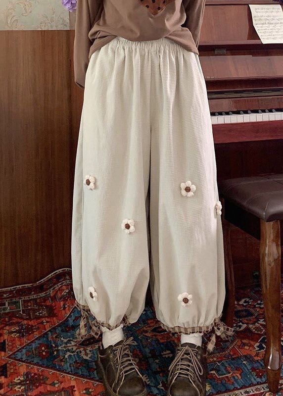 Beige Lace Up Corduroy Wide Leg Pants High Waist