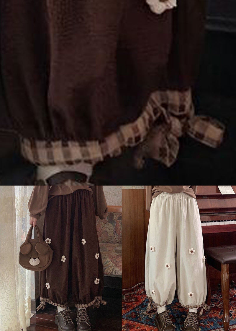Beige Lace Up Corduroy Wide Leg Pants High Waist