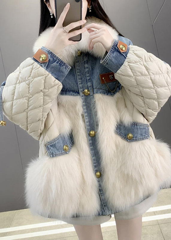 Beige Fox Collar Denim Patchwork Button Down Coats Winter