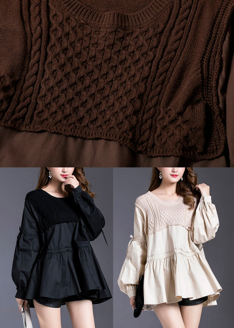 Beige Knit Patchwork Cotton Top Lantern Sleeve