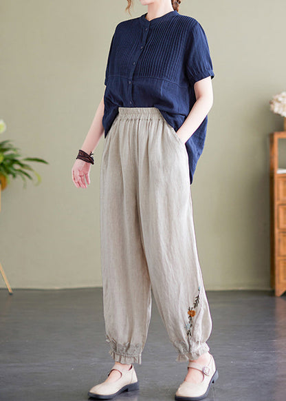 Beige Lace Pockets Linen Lantern Trousers Embroideried Summer