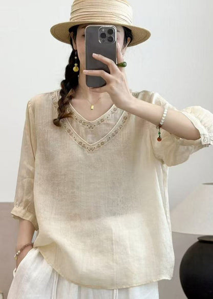 Beige Linen Shirt Tops Double-layer Embroidered Summer
