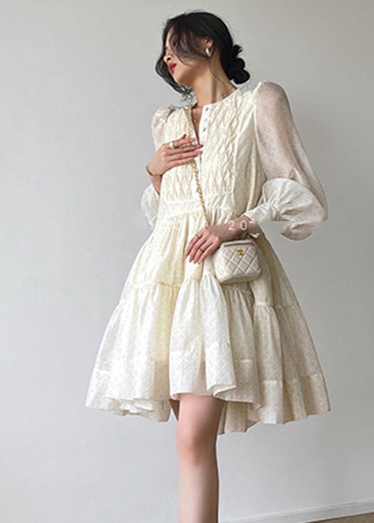 Beige O-neck Button Silk Mid Dresses Long Sleeve