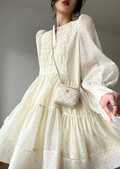 Beige O-neck Button Silk Mid Dresses Long Sleeve