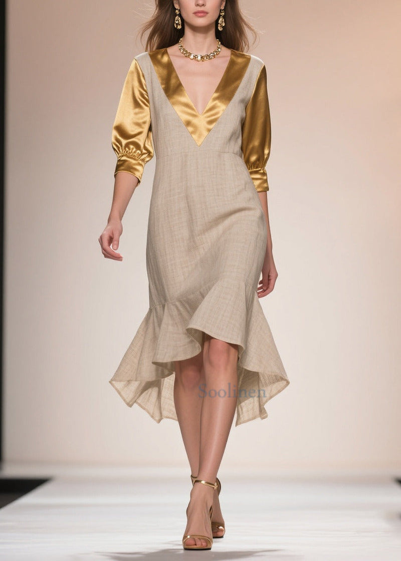 Beige Patchwork Linen Silk Fake Two Piece Dress Ruffles Summer