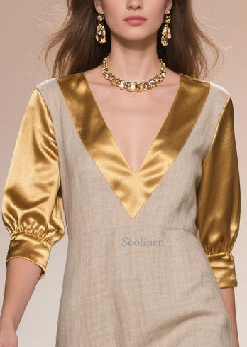 Beige Patchwork Linen Silk Fake Two Piece Dress Ruffles Summer